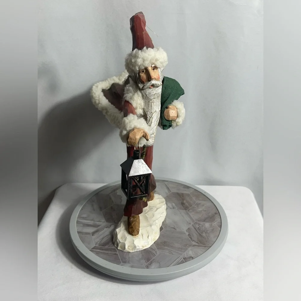 Christmas Vintage Painted Santa Figurine Rustic Carved Style Lantern Decor 12”